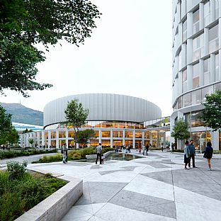 Bergen ByArena is a new multi-purpose arena for up to 12,000 spectators, a large hotel and conference centre and the development plan for the Nygårdstangen area, where a new public transport terminal and 800 homes will be built.  - Team ledet av C.F. Møller Architects vinner konkurranse om byutvikling av Nygårdstangen med ny multiarena i Bergen - C.F. Møller. Photo: SORA IMAGES