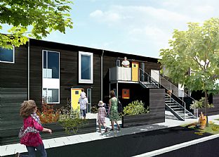 Exempel på nya fasaden - Första spadtaget till innovativ bostadsomvandling - C.F. Møller. Photo: C.F. Møller