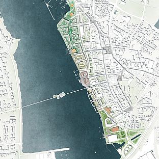 Med respekt for byens historie og bevaring af havnens bygninger, omdanner C.F. Møller Architects industrihavnen ved Guldborgsund i Nykøbing Falster til et attraktivt område med boliger, et aktivt havnemiljø og grønne byrum. - C.F. Møller Architects omdanner grå industrihavn til levende havn - C.F. Møller. Photo: C.F: Møller Architects