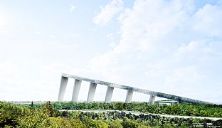 Skibakken set fra nord ved E18. Den 135 m høje betonkonstruktion står på et 50 m højt bjerg. - Verdens mest komplette indendørs skianlæg - C.F. Møller. Photo: Berg | C. F. Møller Architecs