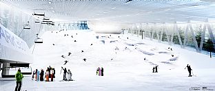 The downhill run is 700 m long and 50 m wide. At the end facilities for snowboarding make it 100 m wide. - The worlds most complete indoor ski park - C.F. Møller. Photo: Berg | C. F. Møller Architecs