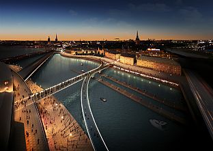 The two waterfronts will be linked by an elegant footbridge - Masterplan for the Slussen area in Stockholm - C.F. Møller. Photo: Foster + Partners and Berg Arkitektkontor