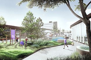 børneafdelingen på 3 sal har en skærmet legeplads som en grøn oase på taget - C.F. Møller vinner utbyggingen av Sygehus Vendsyssel - C.F. Møller. Photo: C.F. Møller