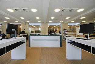 Aarhus Universitet, inredning av Samfundsvidenskabeligt Bibliotek. C.F. Møller. Photo: Julian Weyer
